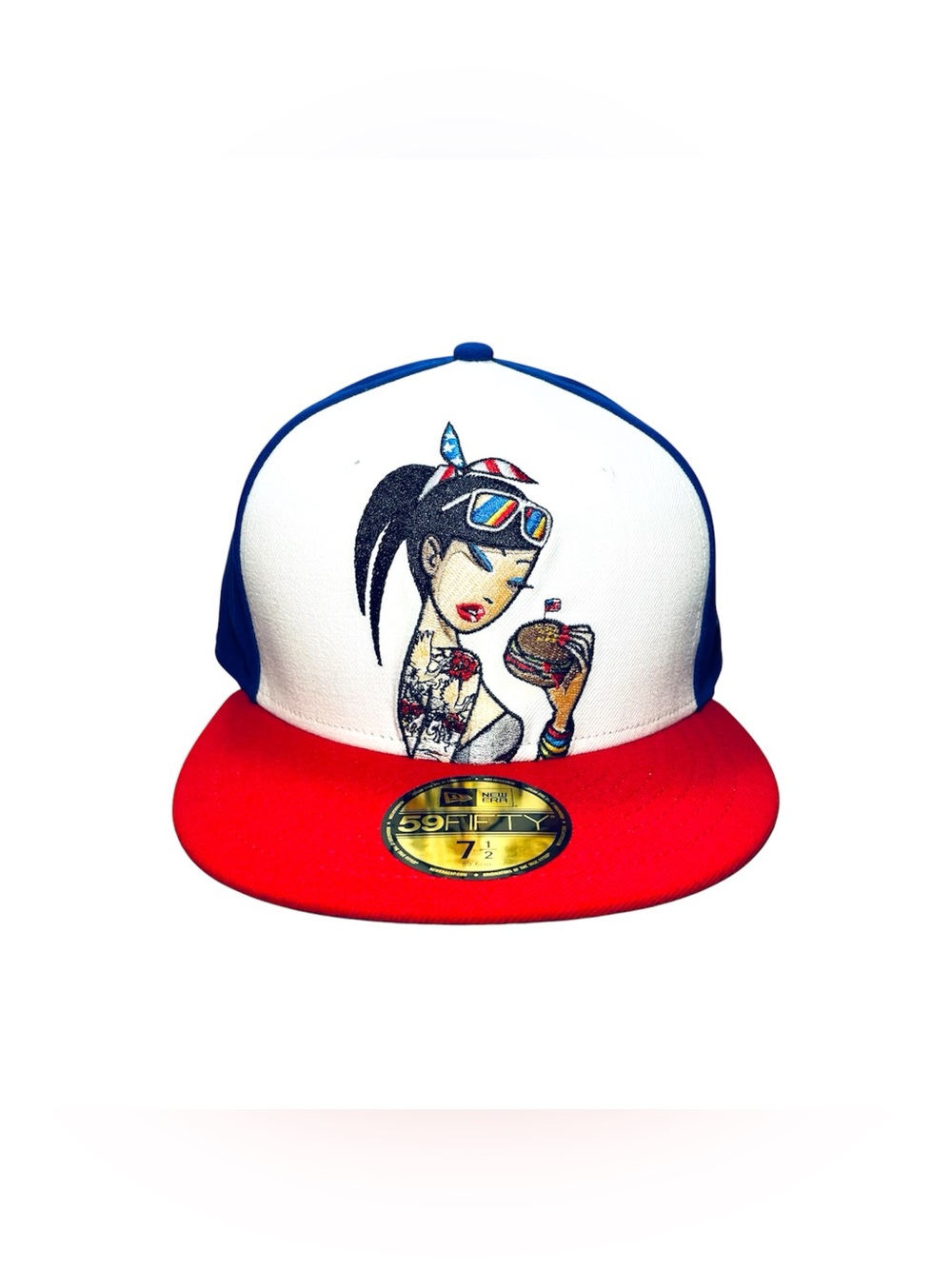 New Era 59FIFTY Tokidoki Fitted Cap Red White Blue Hat Burger Girl Sz 7-1/2 NWOT